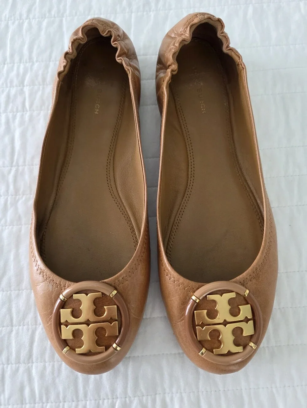 Tory Burch Multi Logo Tan Leather Reva Ballet Flats Size 9